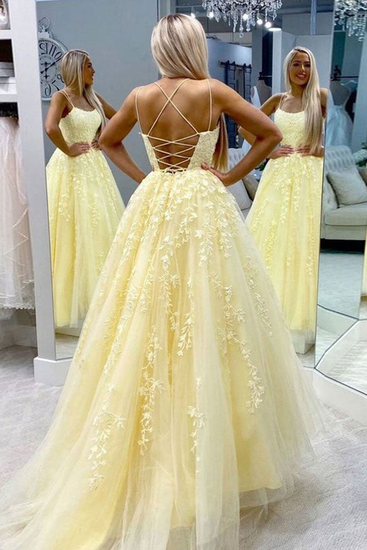 Yellow Tulle Lace Long Prom Dress Yellow Tulle Lace Formal Gown