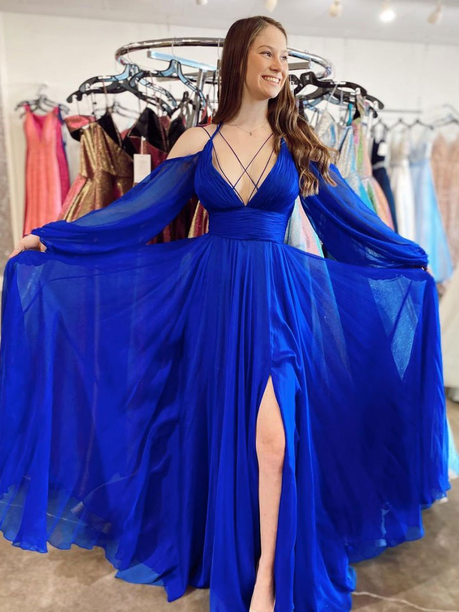 Blue V-Neck Chiffon Long Prom Dress Blue Long Evening Dress