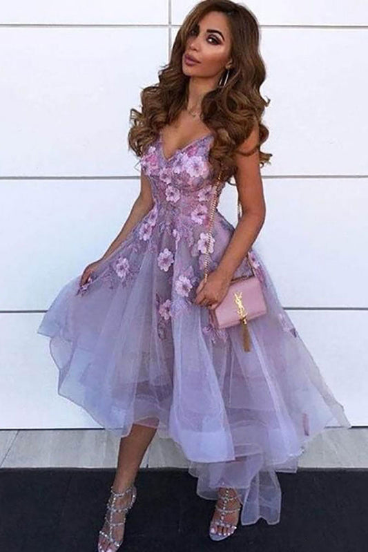 Purple Tulle Lace High Neck Prom Dress Lace Homecoming Dress