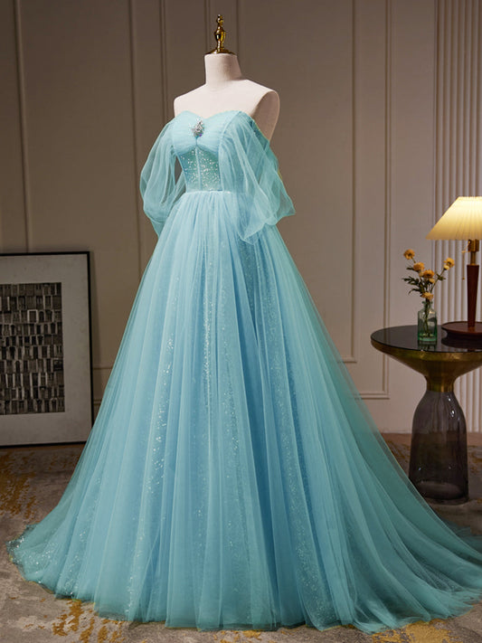 A-Line Off-Shoulder Tulle Blue Long Prom Dress Blue Long Evening Dress