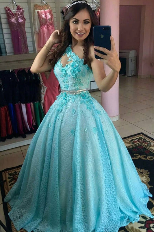 Blue Tulle Lace One-Shoulder Long Prom Dress Blue Evening Dress