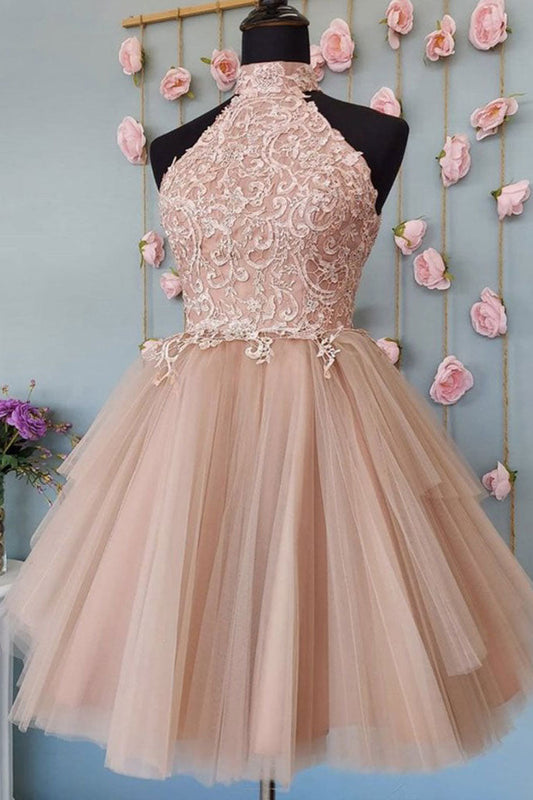 Pink Tulle Lace Short Prom Dress Lace Homecoming Dress