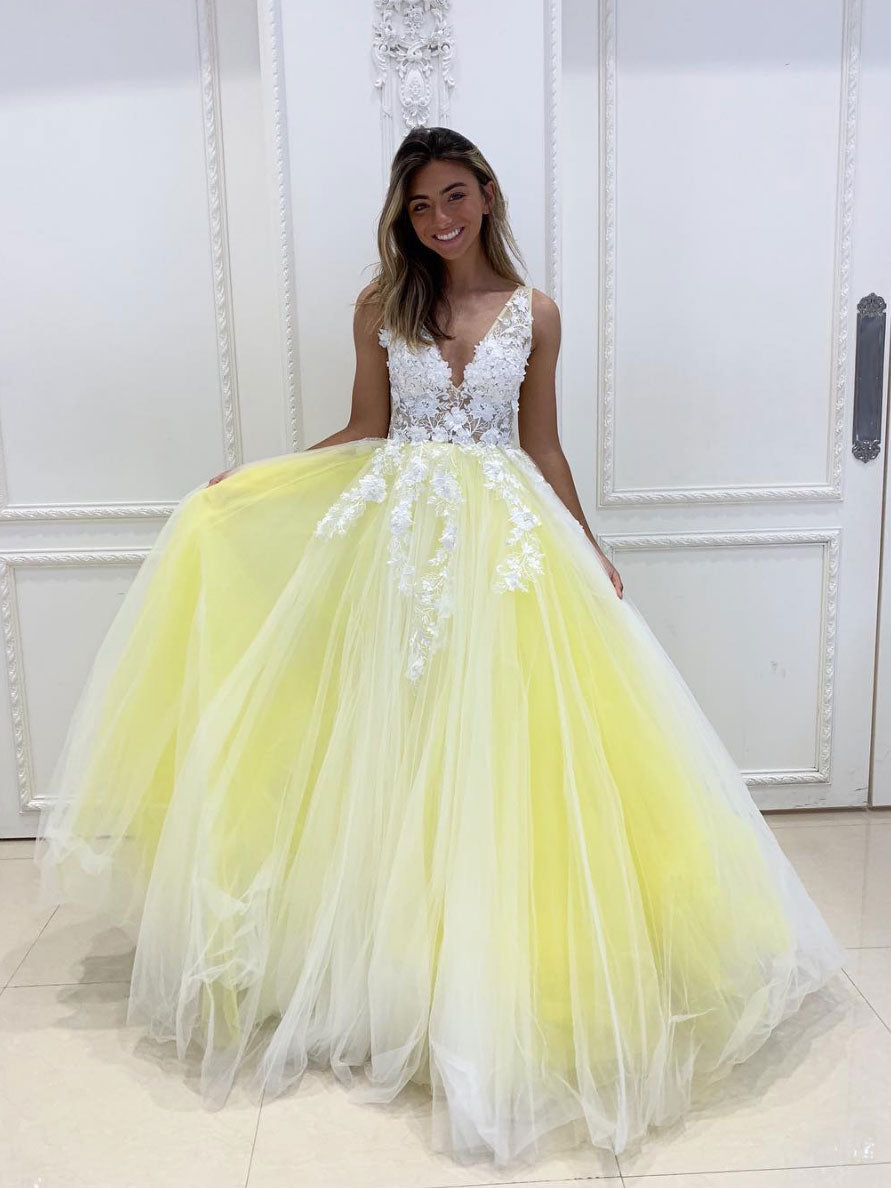 Yellow V-Neck Tulle Lace Long Prom Dress Yellow Tulle Lace Formal Dress