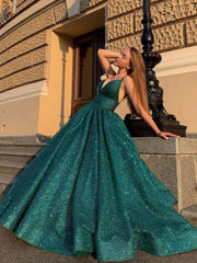 Green V-Neck Sequin Long Prom Dress Green Formal Dress