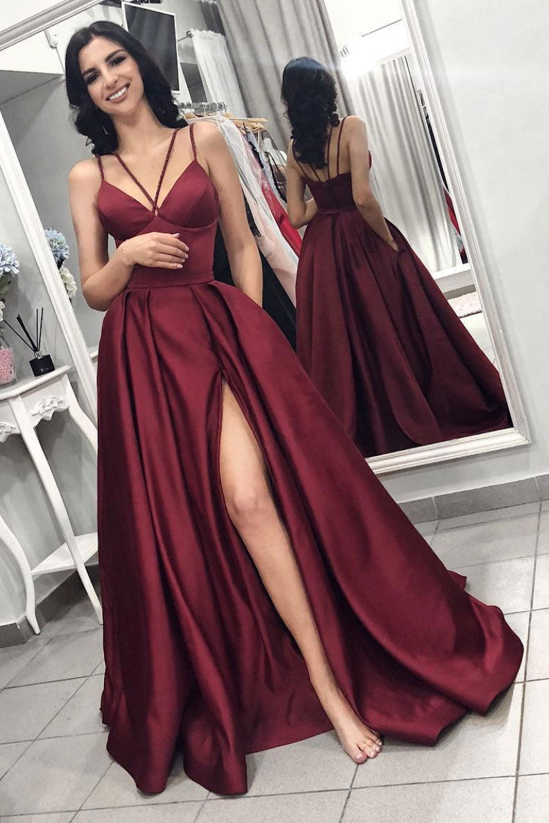 Simple Burgundy Satin Long Prom Dress Burgundy Formal Gown