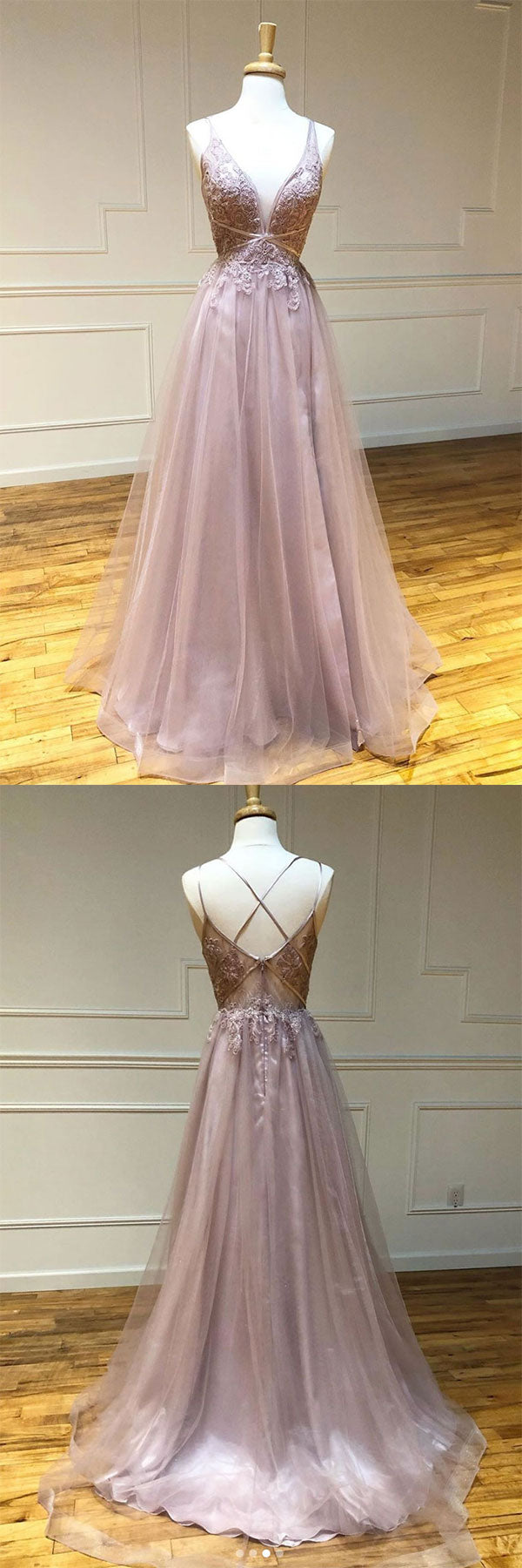 Pink V-Neck Tulle Lace Long Prom Dress Pink Lace Evening Gown