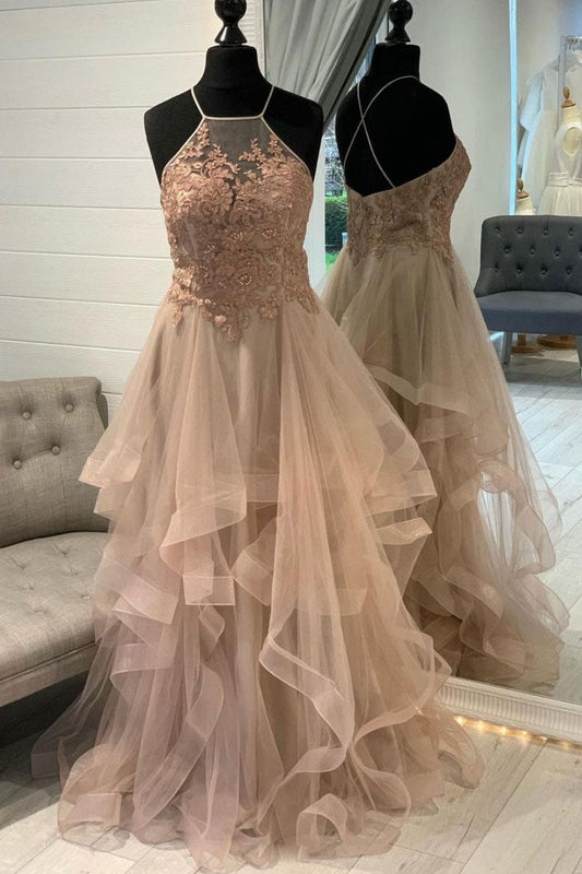 Champagne Tulle Lace Long Prom Dress Champagne Formal Dress