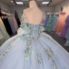 Blue Fairy Princess Quinceanera Dress Handmade Floral Off Shoulder Sweep Train Prom Party Gown Ball Gown Dress