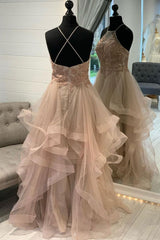 Champagne Tulle Lace Long Prom Dress Champagne Formal Dress