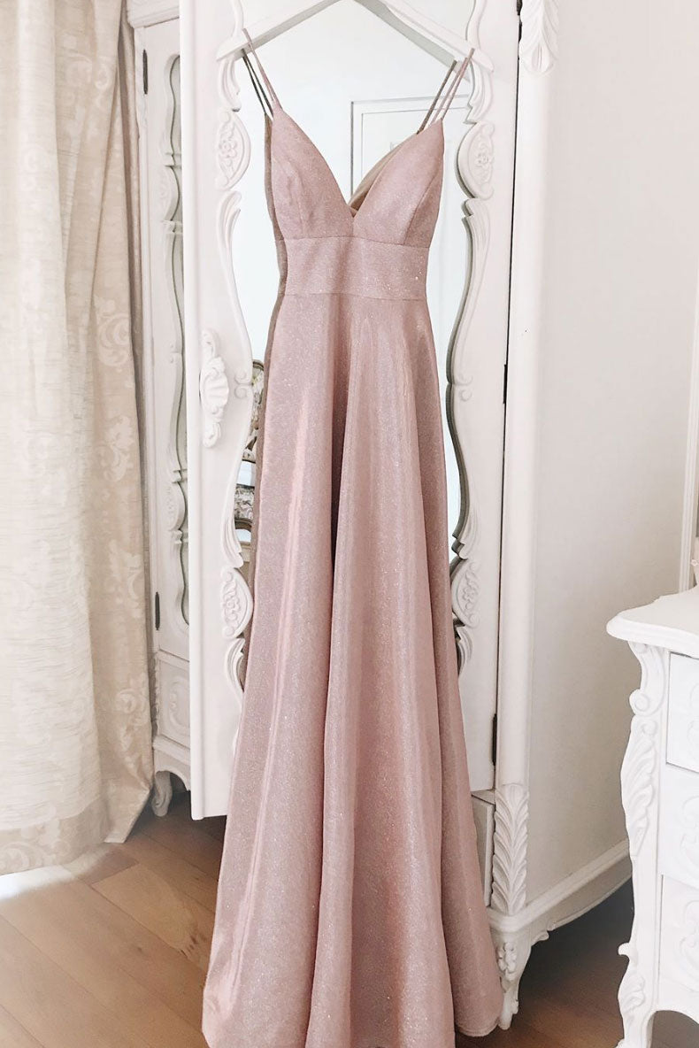 Simple V-Neck Sequin Long Prom Dress Pink Evening Dress