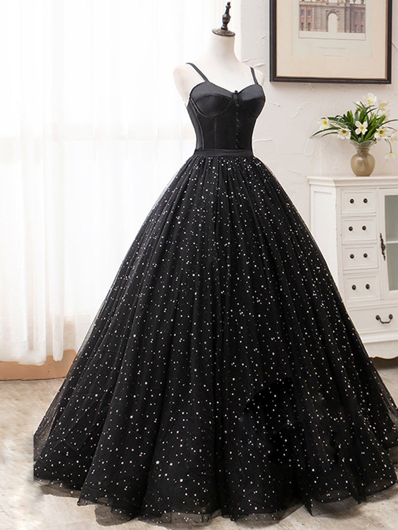 Sexy V Neck Glitter Glamorous Black Long Prom Dress