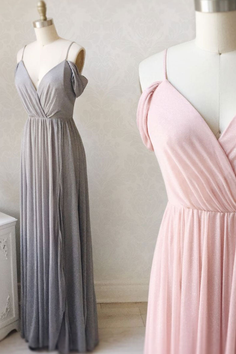 Simple V-Neck Off-Shoulder Pink Prom Dress Pink Bridesmaid Dress