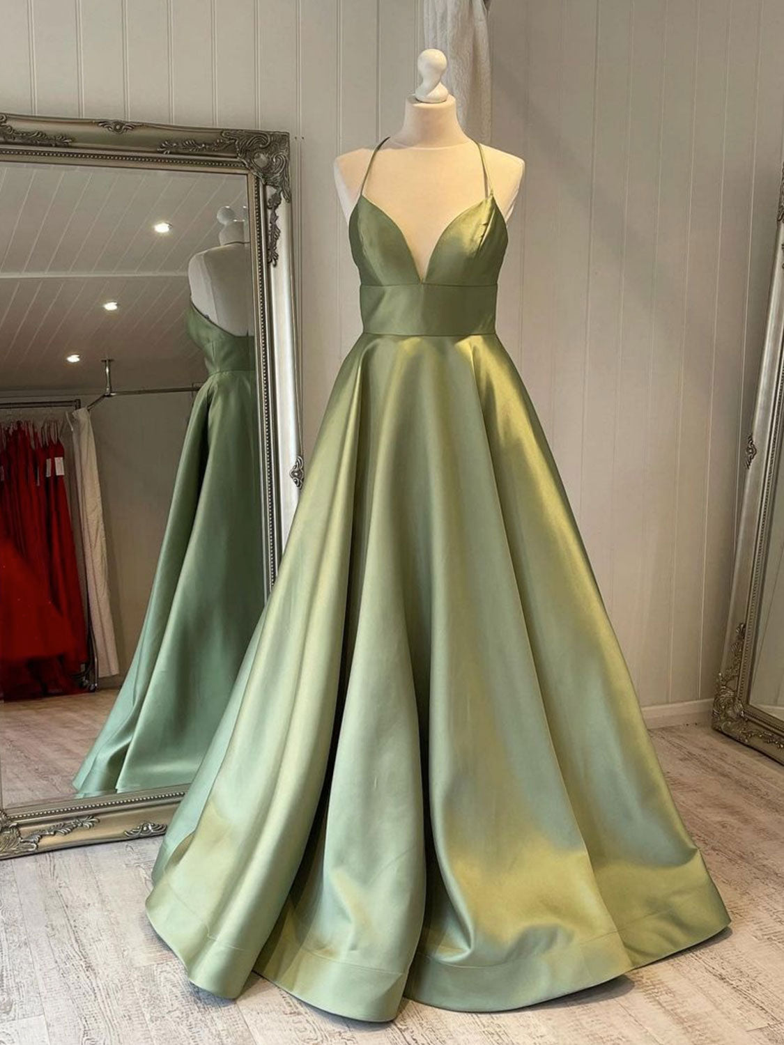 Simple V-Neck Green Satin Long Prom Dress Green Evening Gown