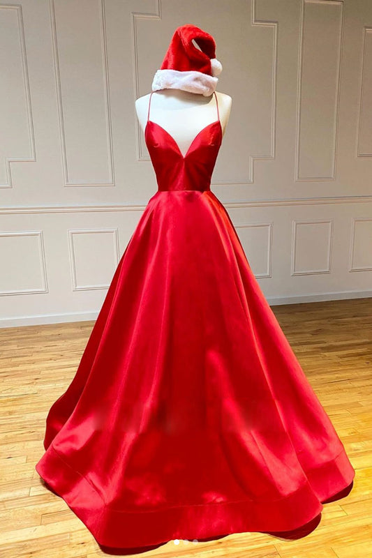 Red V-Neck Satin Long Prom Dress Red Satin Evening Dress