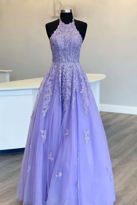 Purple Tulle High Neck Lace Long Prom Dress Purple Evening Gown