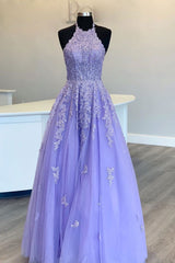 Purple Tulle High Neck Lace Long Prom Dress Purple Evening Gown