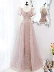 Simple Tulle Sequin Long Prom Dress Tulle Long Evening Dress