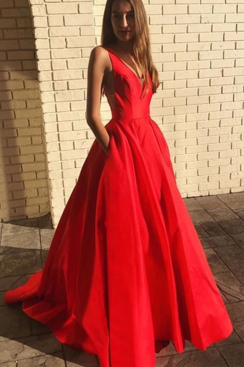 Simple Red V-Neck Satin Long Prom Dress Red Formal Dress