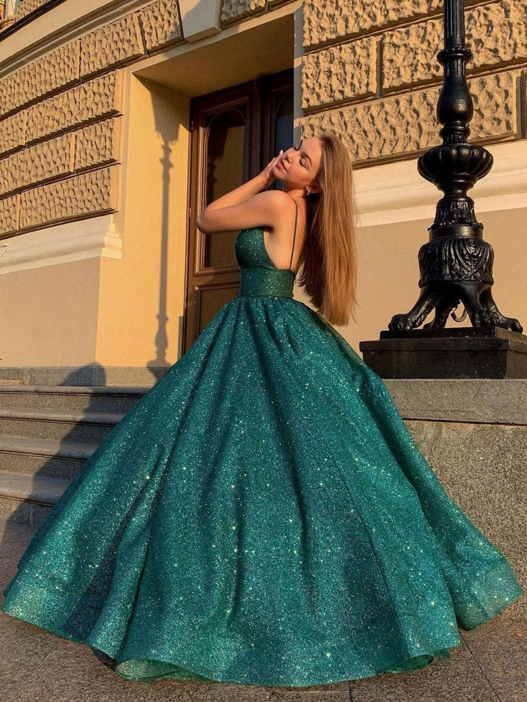 Green V-Neck Sequin Long Prom Dress Green Formal Dress