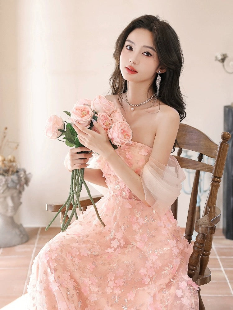 A-Line Off-Shoulder Tulle Lace Pink Long Prom Dress Pink Long Formal Dress