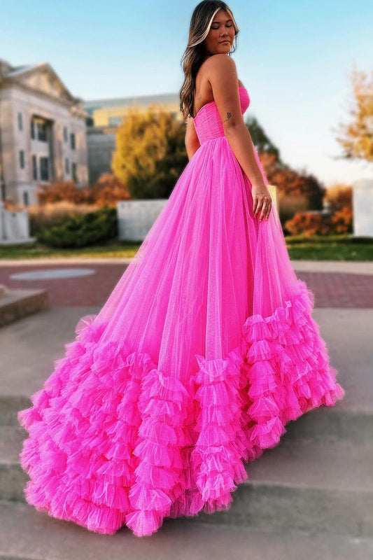 Rachael Dressystars  Girly Pink Chic Sweetheart Collar Tiered Tulle Material Long Prom Dresses