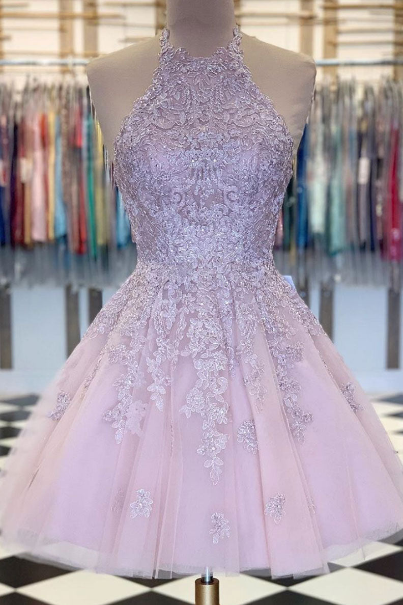 Pink High Neck Tulle Lace Short Prom Dress Pink Evening Dress