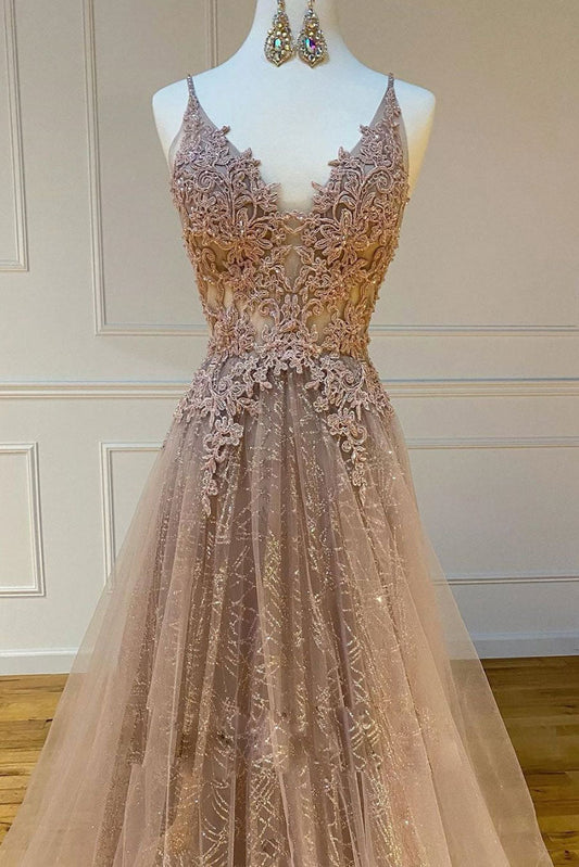 Champagne V-Neck Tulle Lace Long Prom Dress Champagne Evening Dress