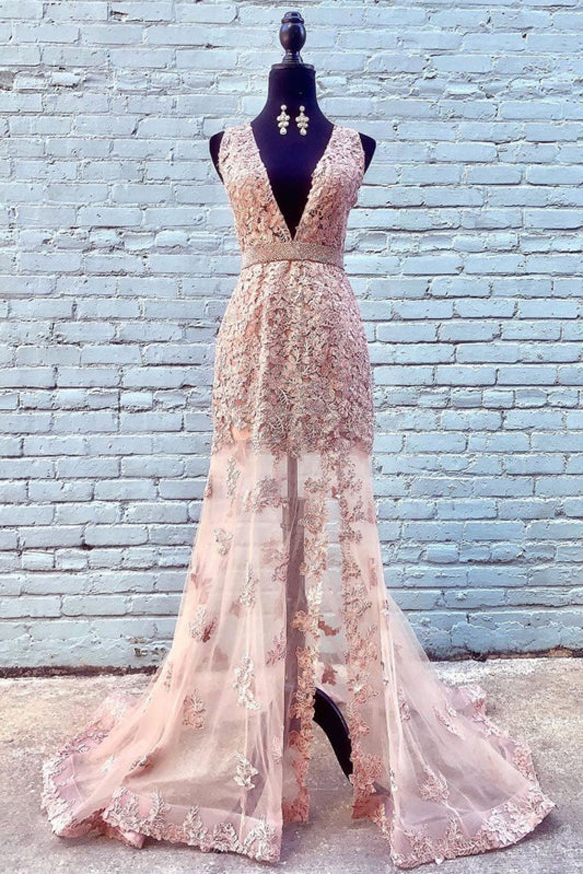 Pink V-Neck Tulle Lace Long Prom Dress Pink Lace Evening Dress