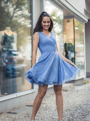 Simple V-Neck Tulle Short Prom Dress Blue Tulle Homecoming Dress