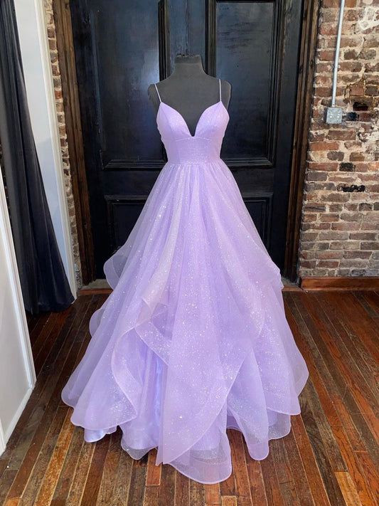 Simple Purple Tulle Sequin Long Prom Dress Purple Evening Dress