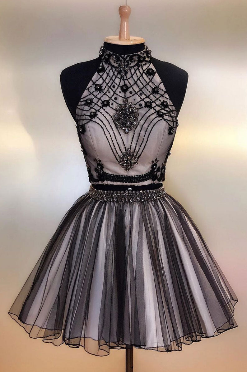 Black Tulle Beaded Short Prom Dress Black Homecoming Dress