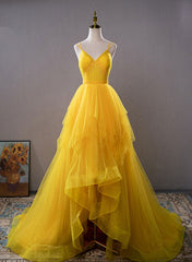 Yellow V-Neck High-Low Prom Dress Yellow Evening Gown