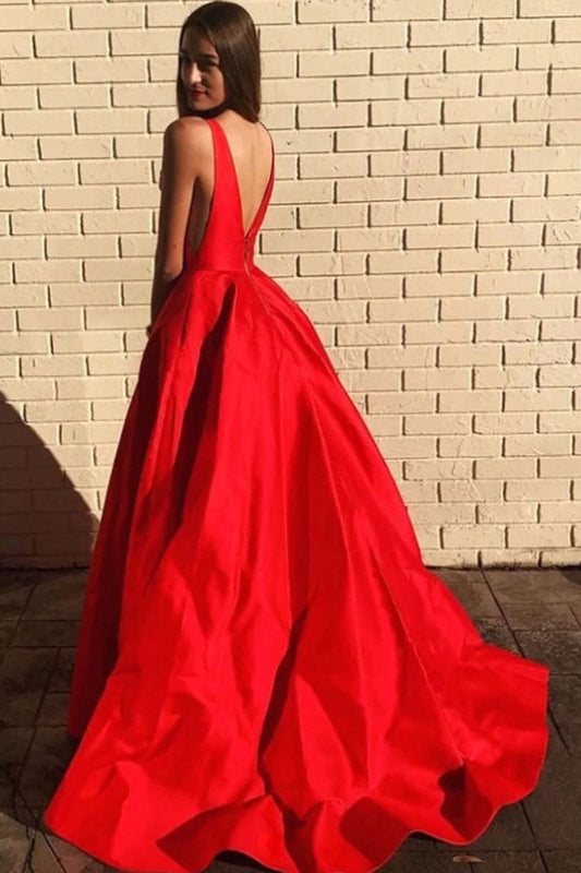 Simple Red V-Neck Satin Long Prom Dress Red Formal Dress