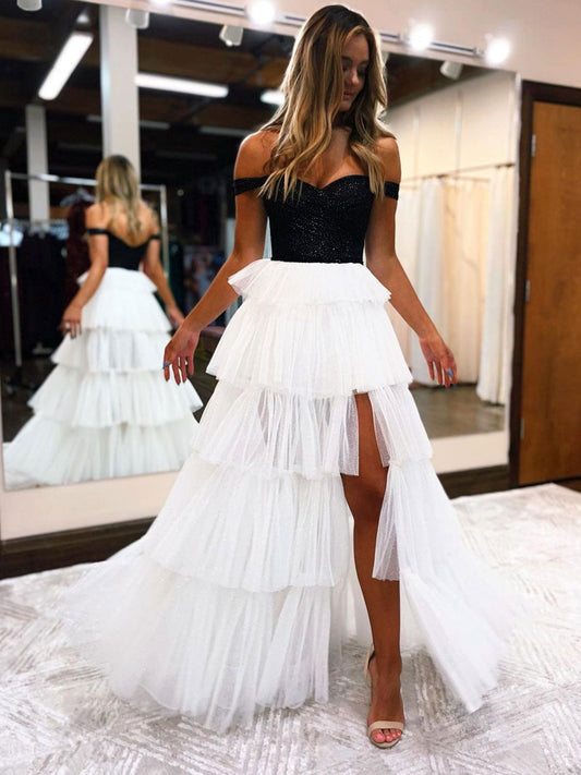 White A-Line Tulle Off-Shoulder Long Prom Dress White Tulle Formal Dress