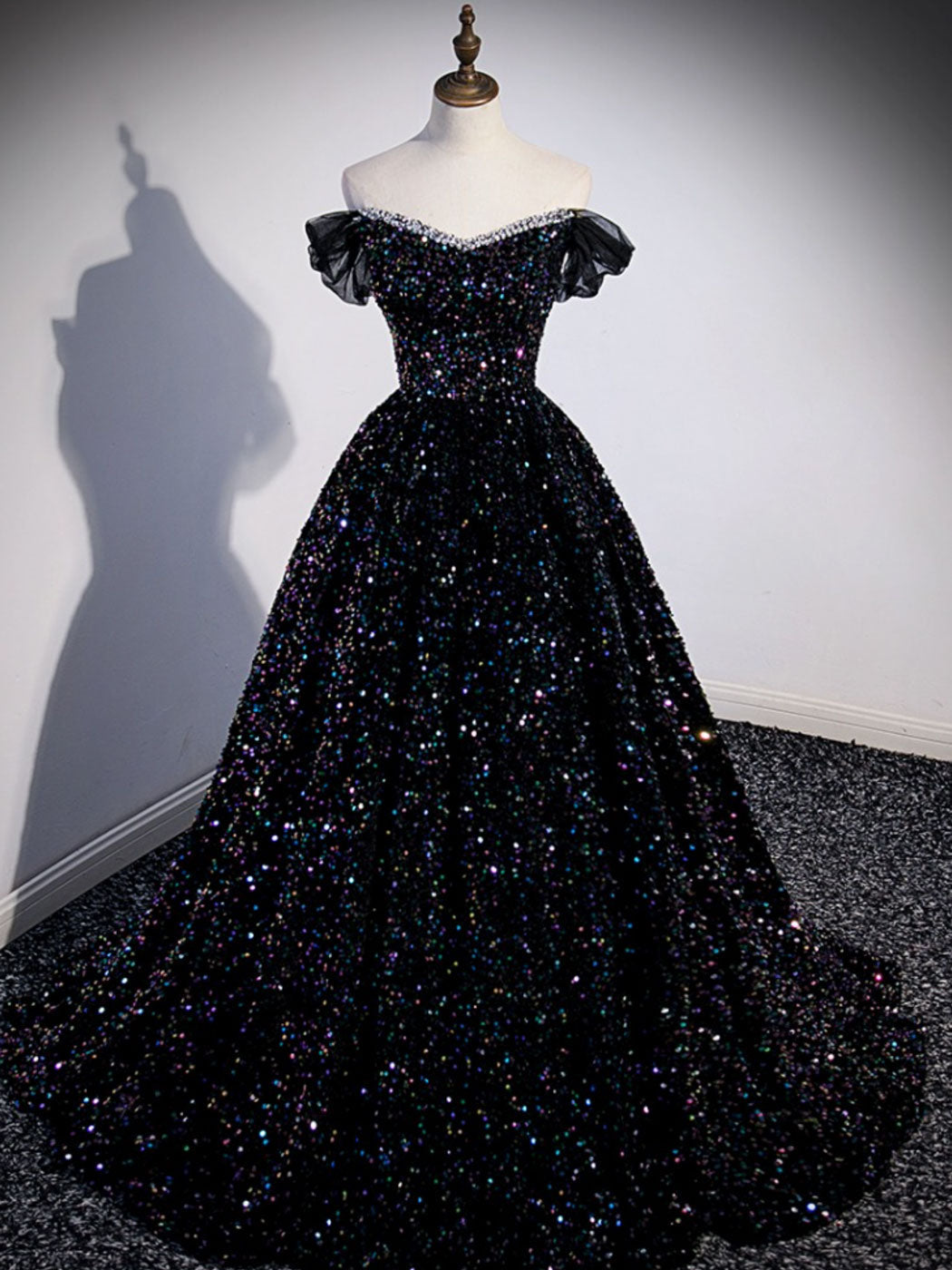 A-Line Sequin Black Long Prom Dress Off-Shoulder Black Evening Dress