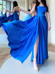 Simple Blue Satin Long Prom Dress Blue Formal Party Dress