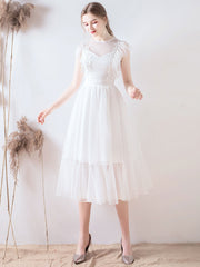 White Round Neck Tulle Lace Short Prom Dress Lace Bridesmaid Dress