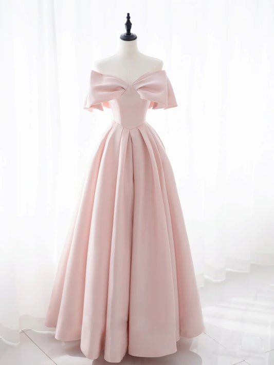 Simple Pink Satin Long Prom Dress Pink A-Line Evening Dress