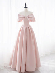 Simple Pink Satin Long Prom Dress Pink A-Line Evening Dress