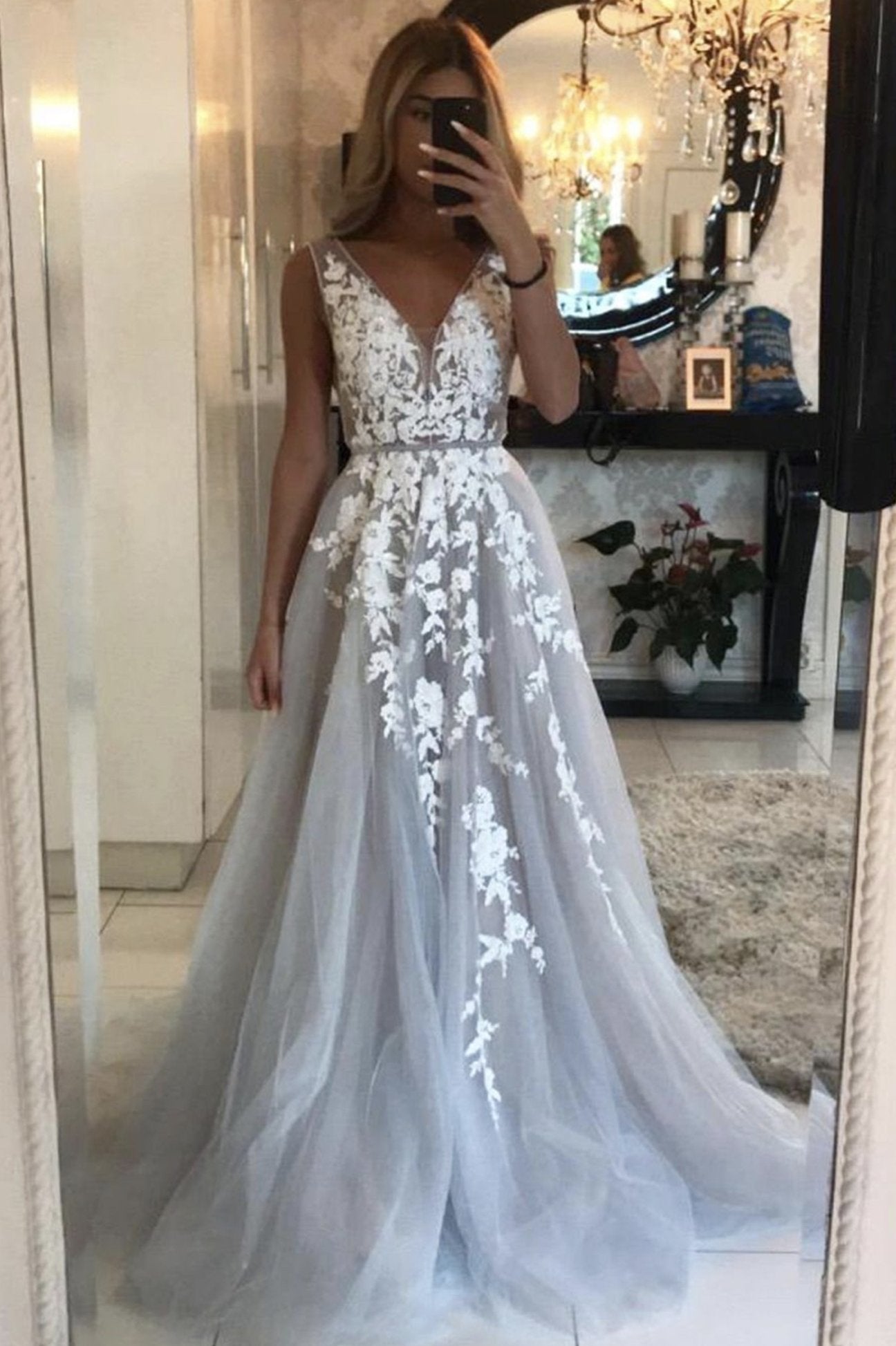 Gray V-Neck Tulle Lace Long Prom Dress Gray Tulle Formal Gown