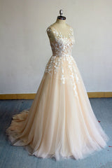 Champagne Round Neck Tulle Lace Long Prom Dress Champagne Evening Dress