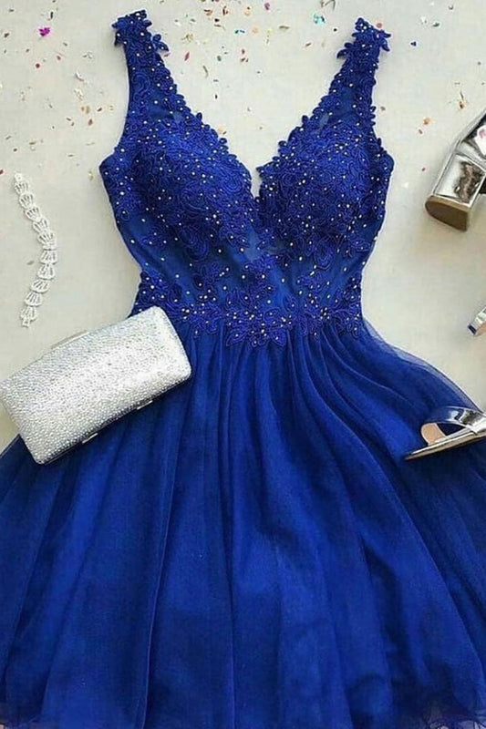 Blue V-Neck Tulle Lace Short Prom Dress Blue Bridesmaid Dress