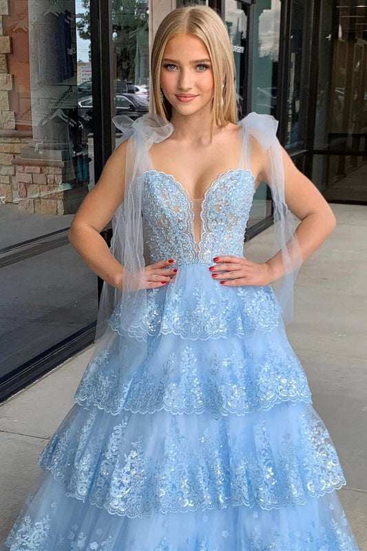 Dressystars  Light Blue Tulle Material Delicate Appliques Tying Strap Ruffle Tiered Long Prom Dress