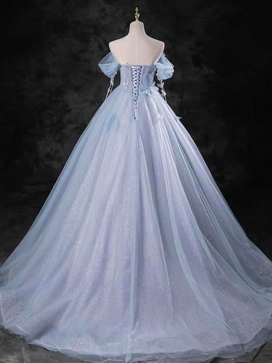 A-Line Sweetheart Neck Off-Shoulder Tulle Gray Blue Long Prom Dress Blue Formal Gown