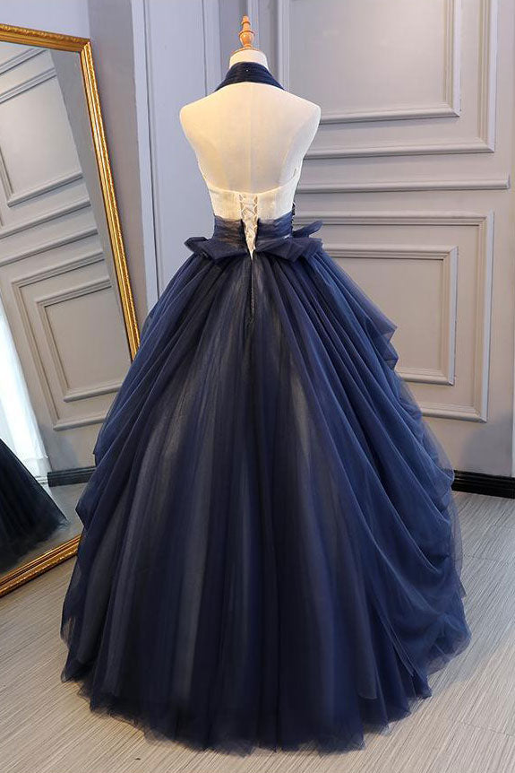 Blue Tulle Lace Long Prom Dress Blue Tulle Lace Evening Dress