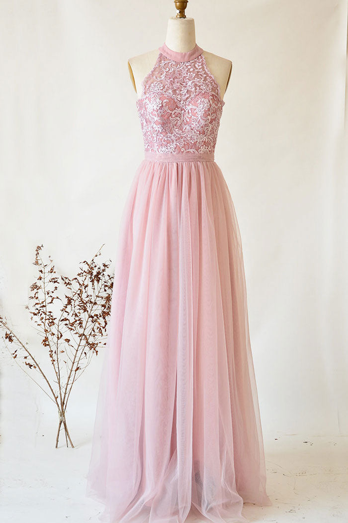 Pink Tulle Lace Long Prom Dress Pink Tulle Lace Evening Dress