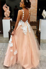 Pink V-Neck Tulle Lace Applique Long Prom Dress Pink Evening Dress