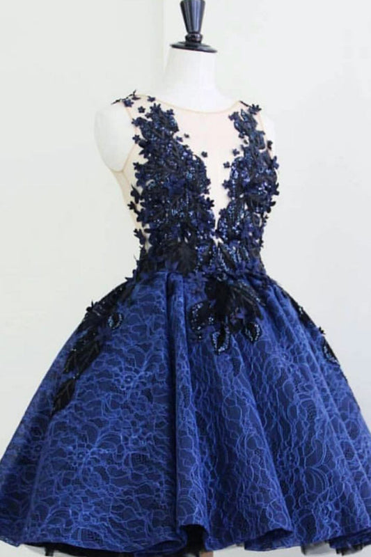 Blue Round Neck Lace Short Prom Dress Blue Lace Evening Gown