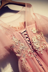 Pink Round Neck Tulle Lace Long Prom Dress Pink Tulle Evening Dress