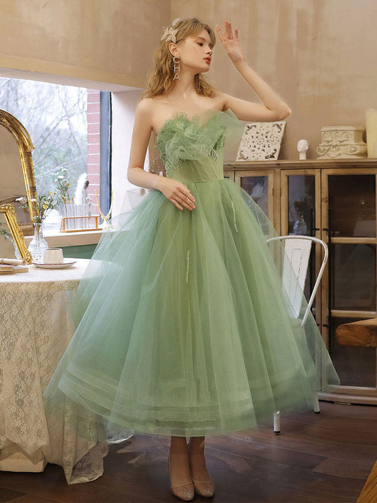 Green Sweetheart Neck Tea-Length Tulle Prom Dress Short Green Sweet 16 Dress